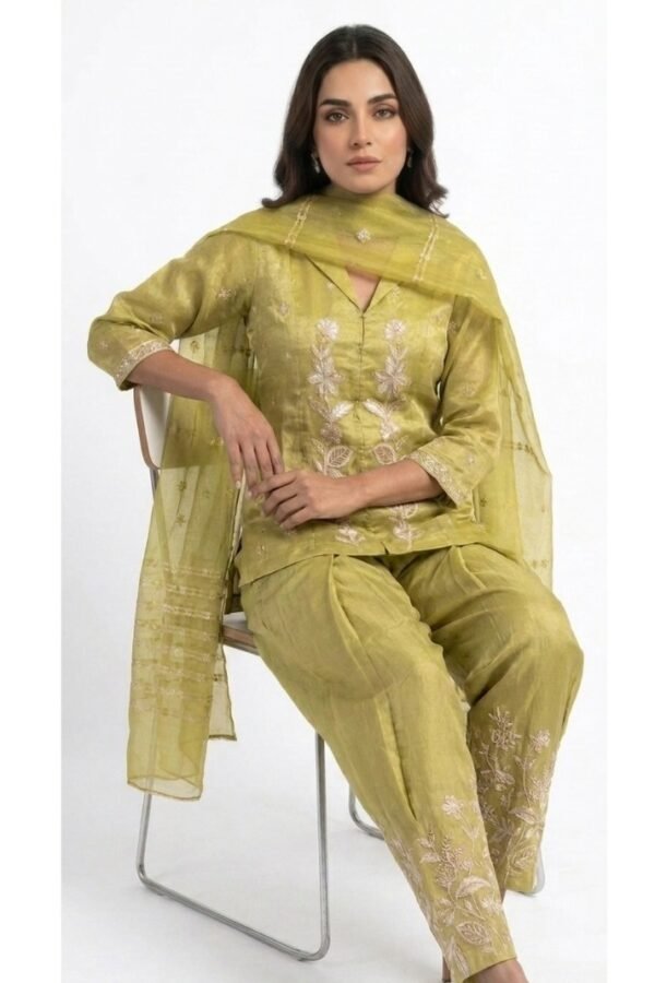 Olive Embroidered Kurta Dhoti Set