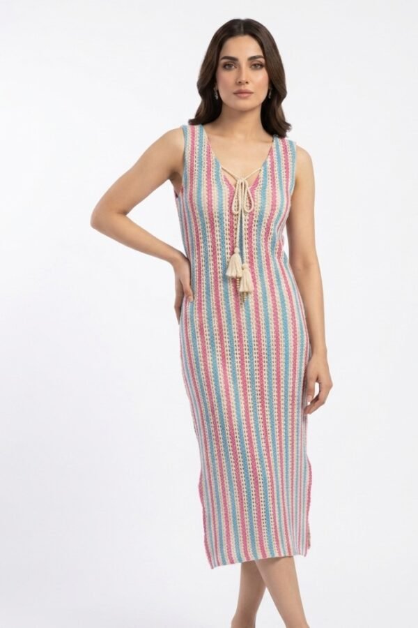 Striped Knitted Tassel Beach Dress