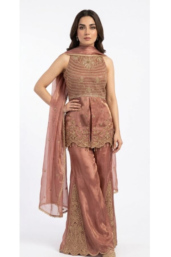 Copper Embroidered Peplum Sharara Set