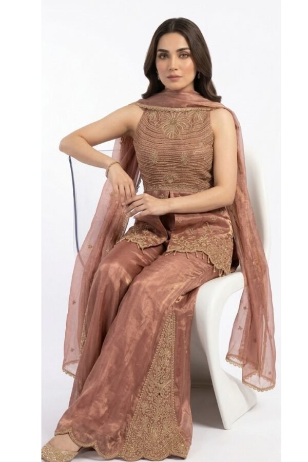 Copper Embroidered Peplum Sharara Set