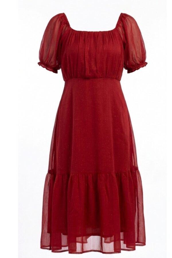 Red Sheer Puff Sleeve Dress