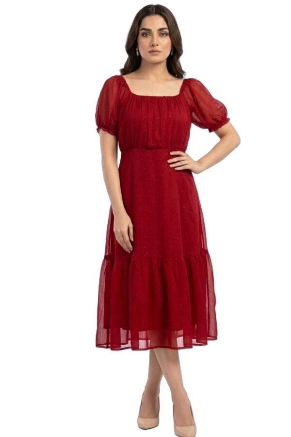 Red Sheer Puff Sleeve Dress