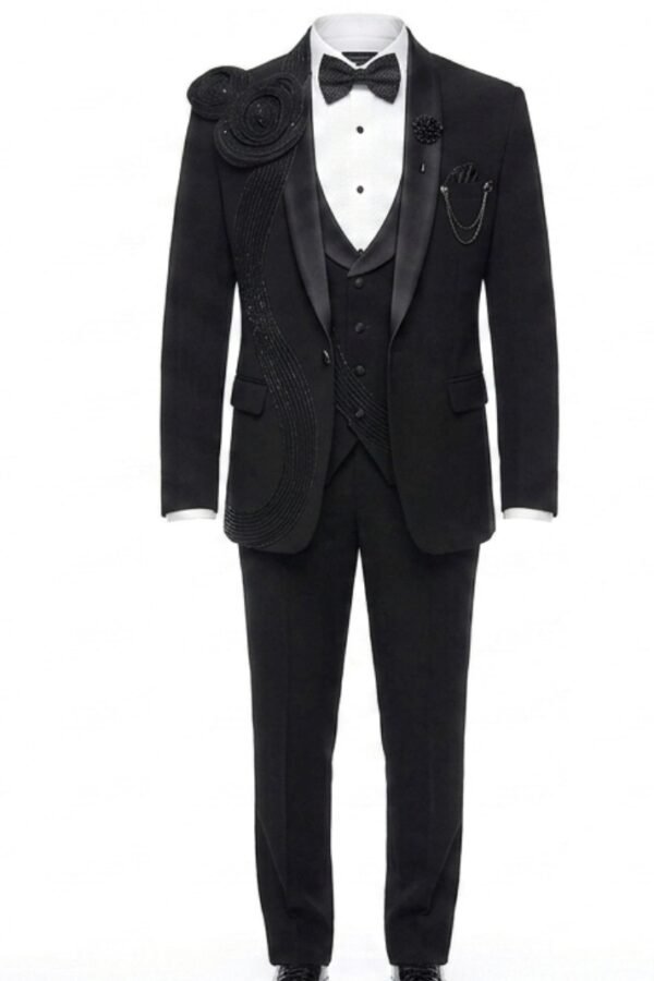 Black Floral Embellished Tuxedo Suit