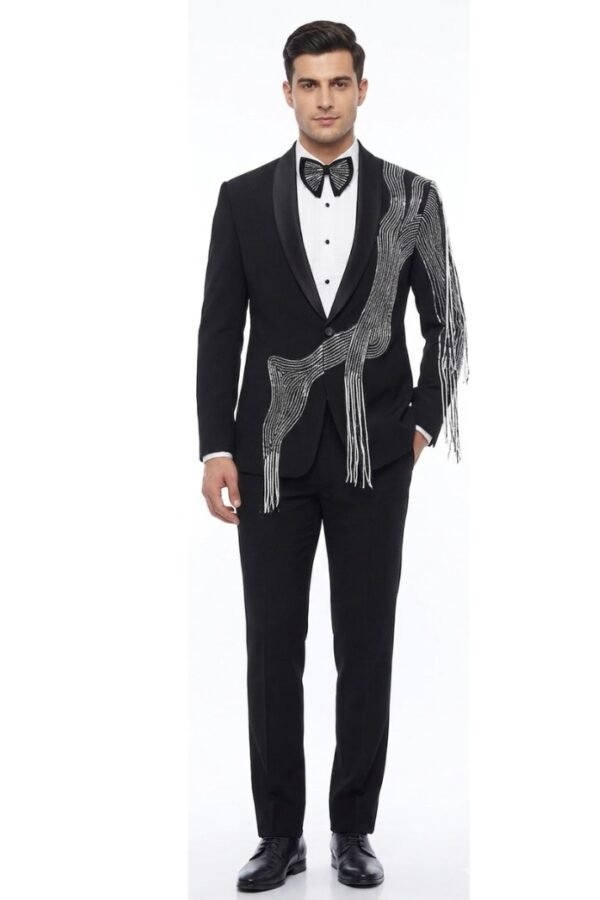 Black Fringe Embellished Tuxedo Suit