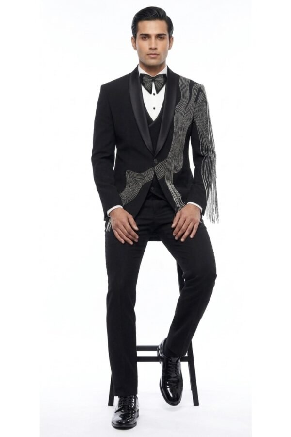 Black Fringe Embellished Tuxedo Suit