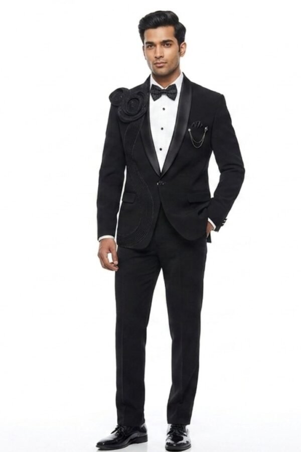 Black Floral Embellished Tuxedo Suit