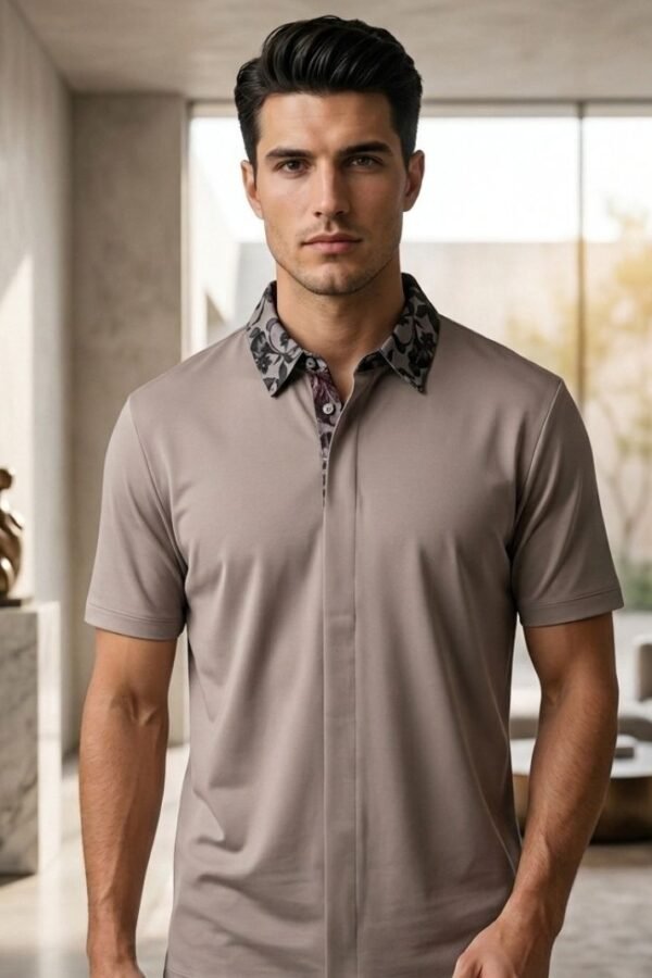 Taupe Printed Collar Polo Shirt