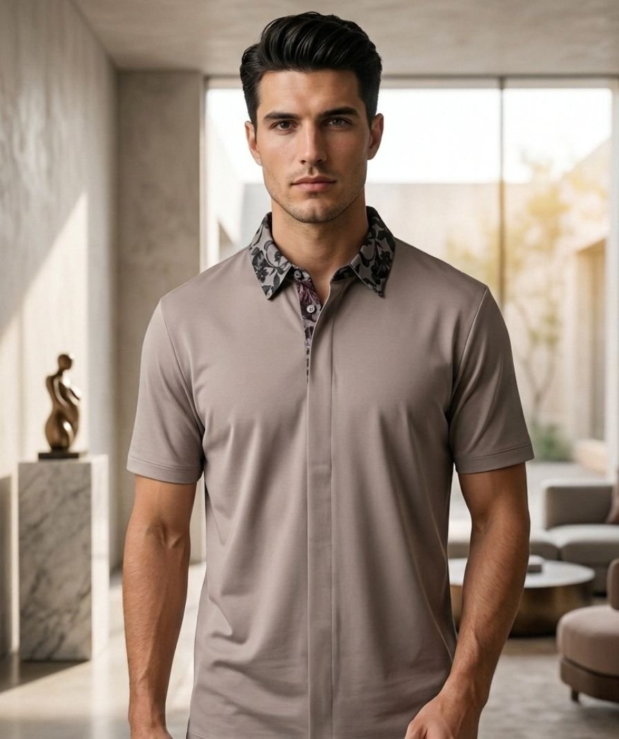Taupe Printed Collar Polo Shirt