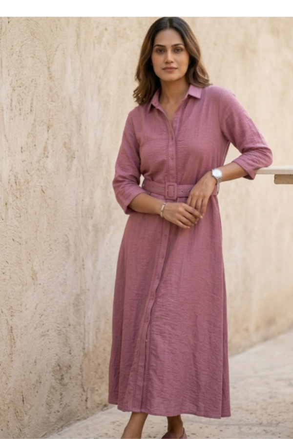 Mauve Belted Linen Shirt Dress