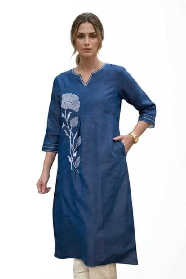 Blue Floral Embroidered Denim Kurti
