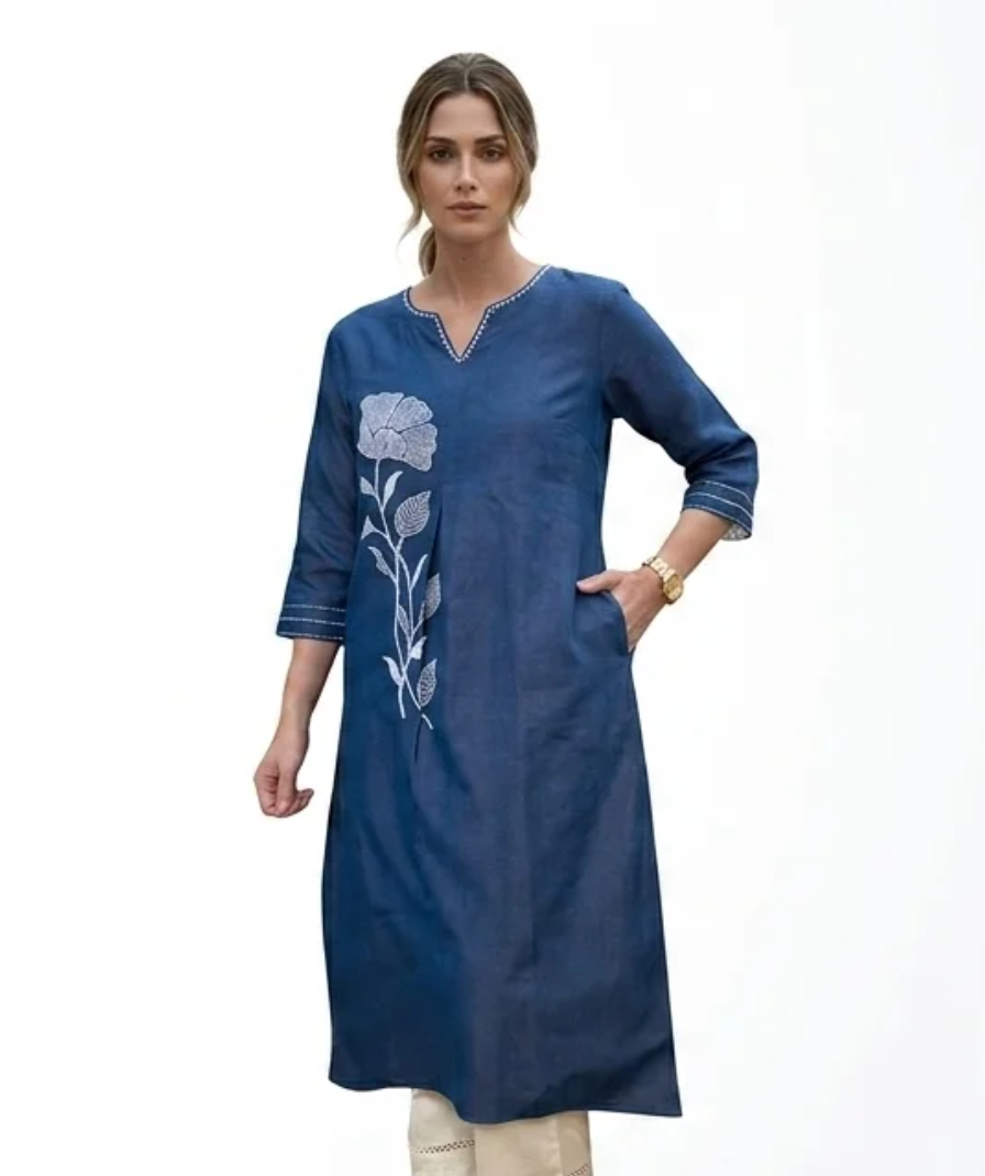 Blue Floral Embroidered Denim Kurti