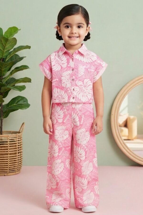 Girls Pink Tropical Leaf Printed Co-Ord Set