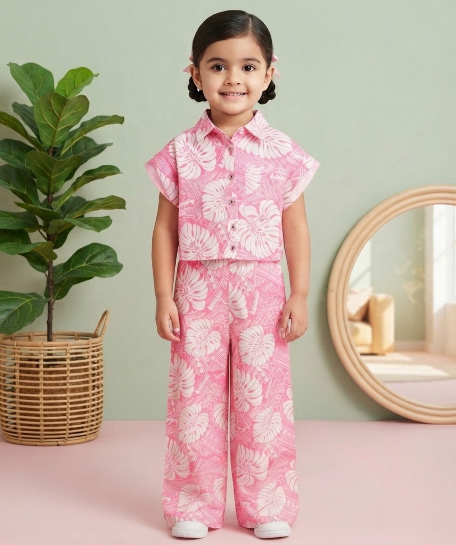Girls Pink Tropical Leaf Printed Co-Ord Set