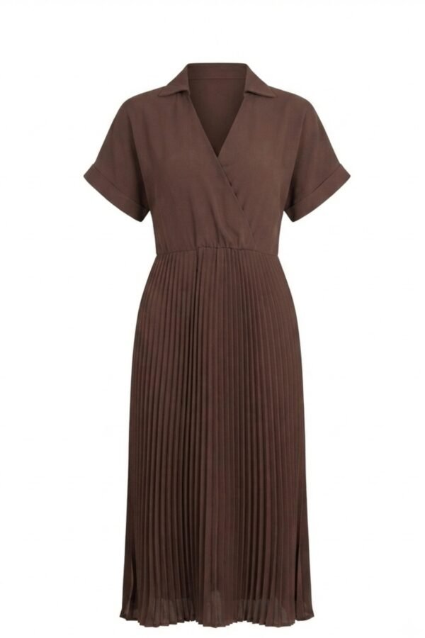 Women's Solid Brown Pleated Midi Dress with Short Sleeves