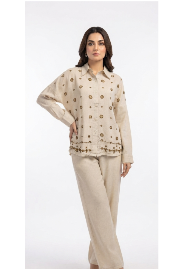 Beige Embroidered Co-ord Set