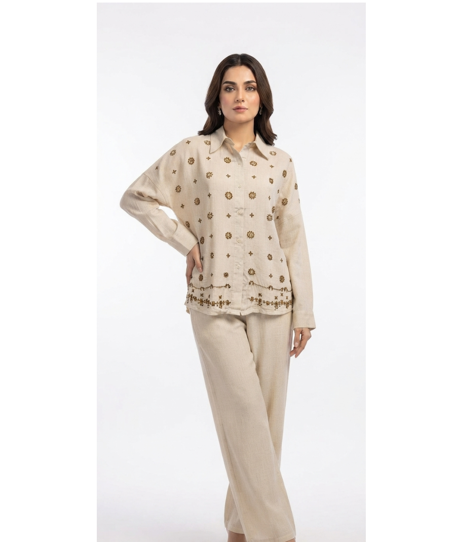 Beige Embroidered Co-ord Set