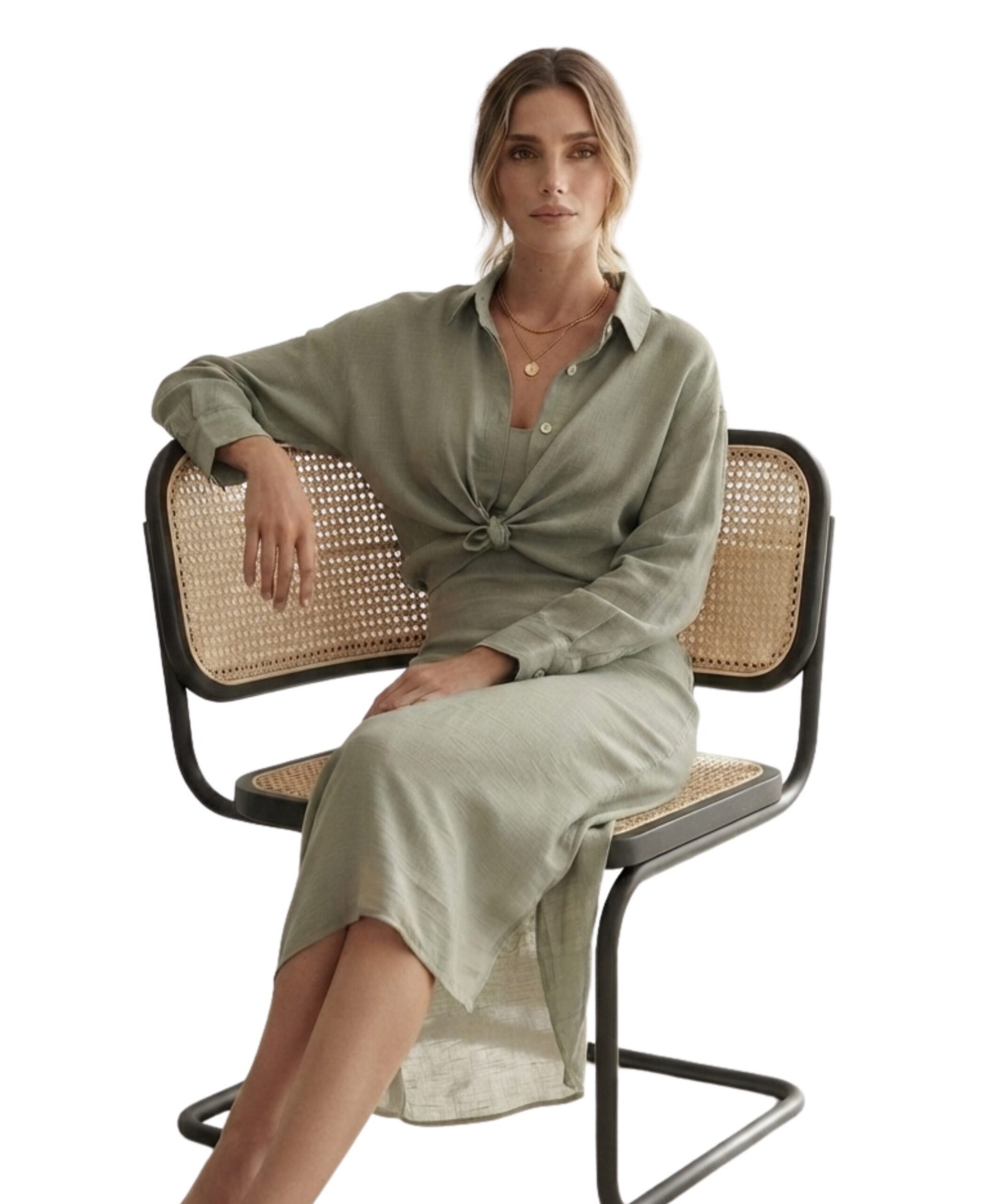 Women's Sage Green Tie-Front Shirt Midi Dress - Image 3