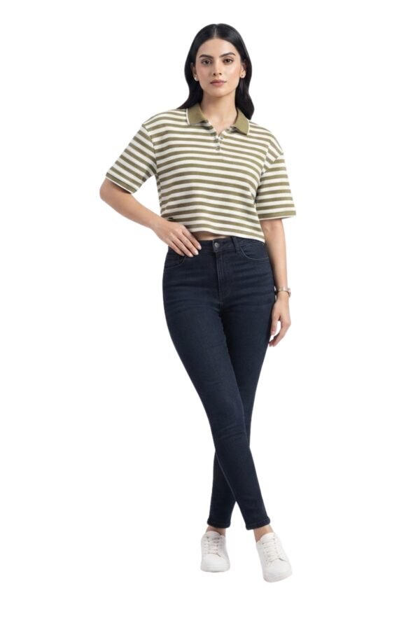 Women's Olive Green & White Striped Cropped T-Shirt