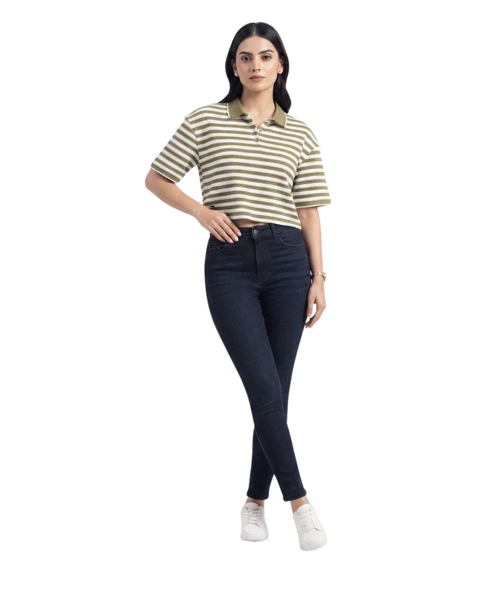 Women's Olive Green & White Striped Cropped T-Shirt