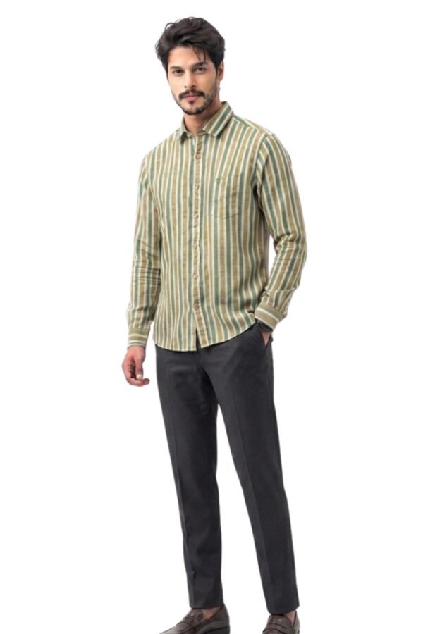 Men's Olive Green & Beige Vertical Striped Casual Shirt