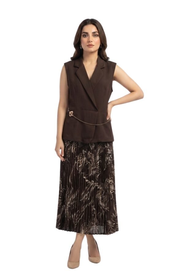 Women's Brown Sleeveless Lapel Collar Printed Pleated dress