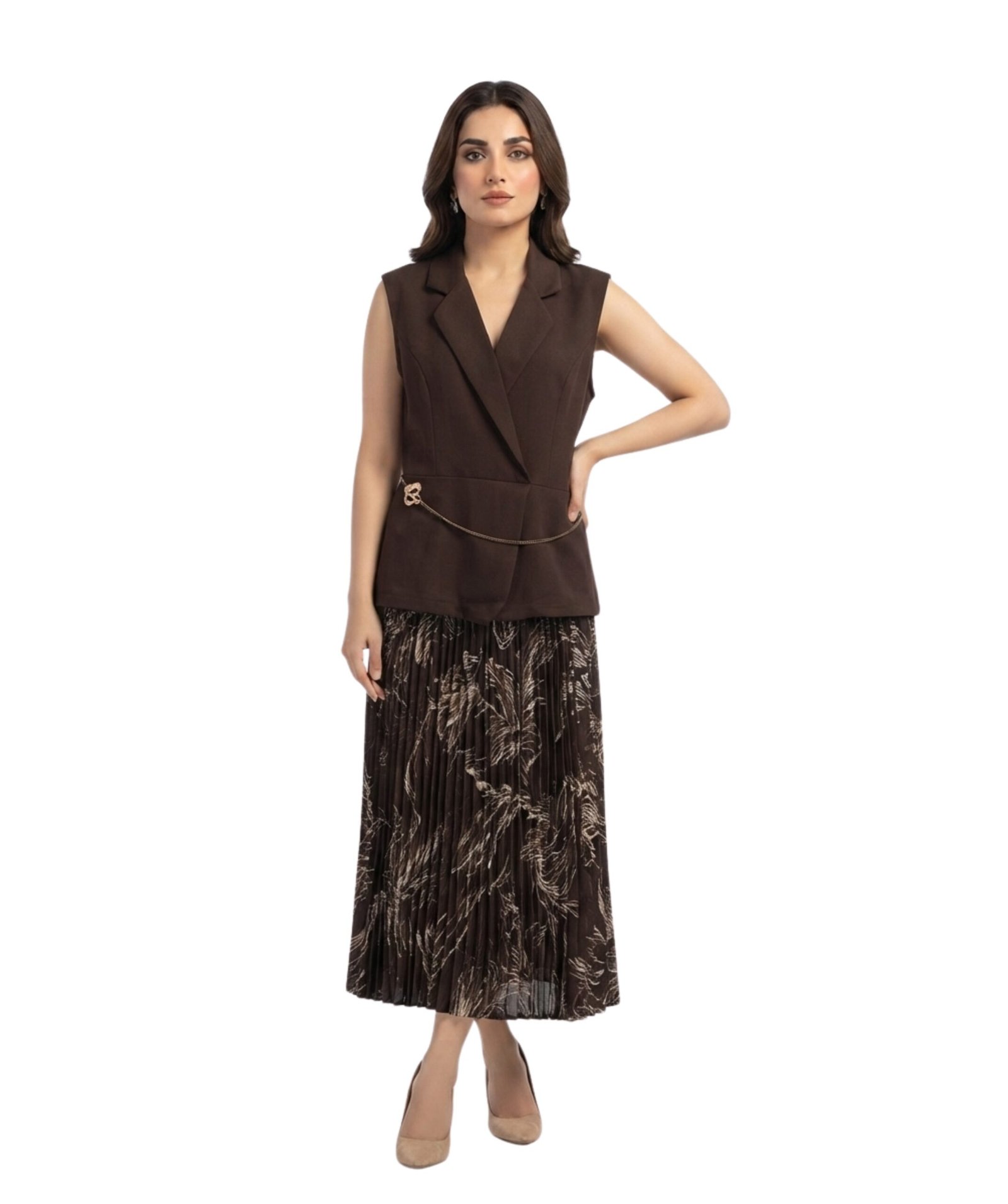 Women's Brown Sleeveless Lapel Collar Printed Pleated dress