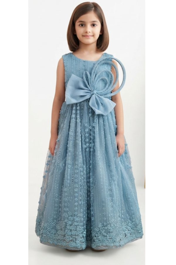 Girls Sky Blue Floral Pattern Party Wear Sleeveless Round Neck Maxi Dress