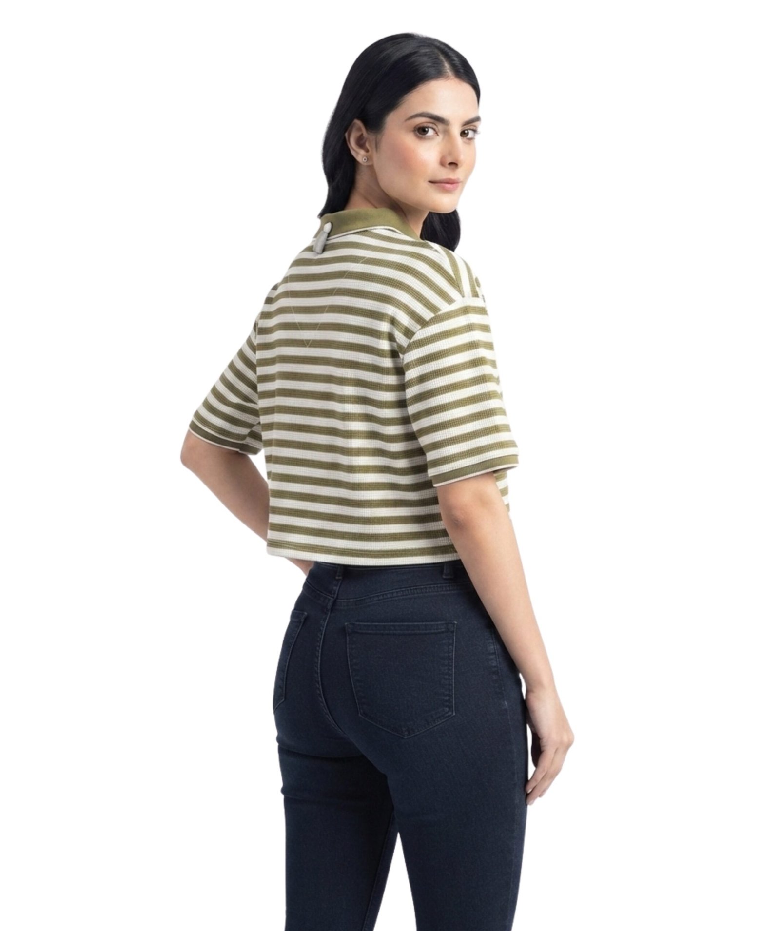 Women's Olive Green & White Striped Cropped T-Shirt - Image 3