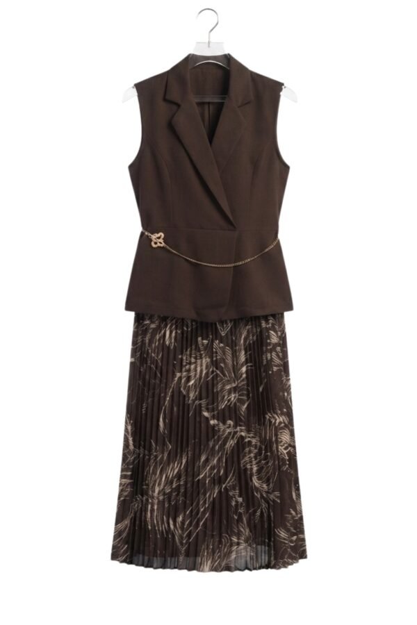 Women's Brown Sleeveless Lapel Collar Printed Pleated dress
