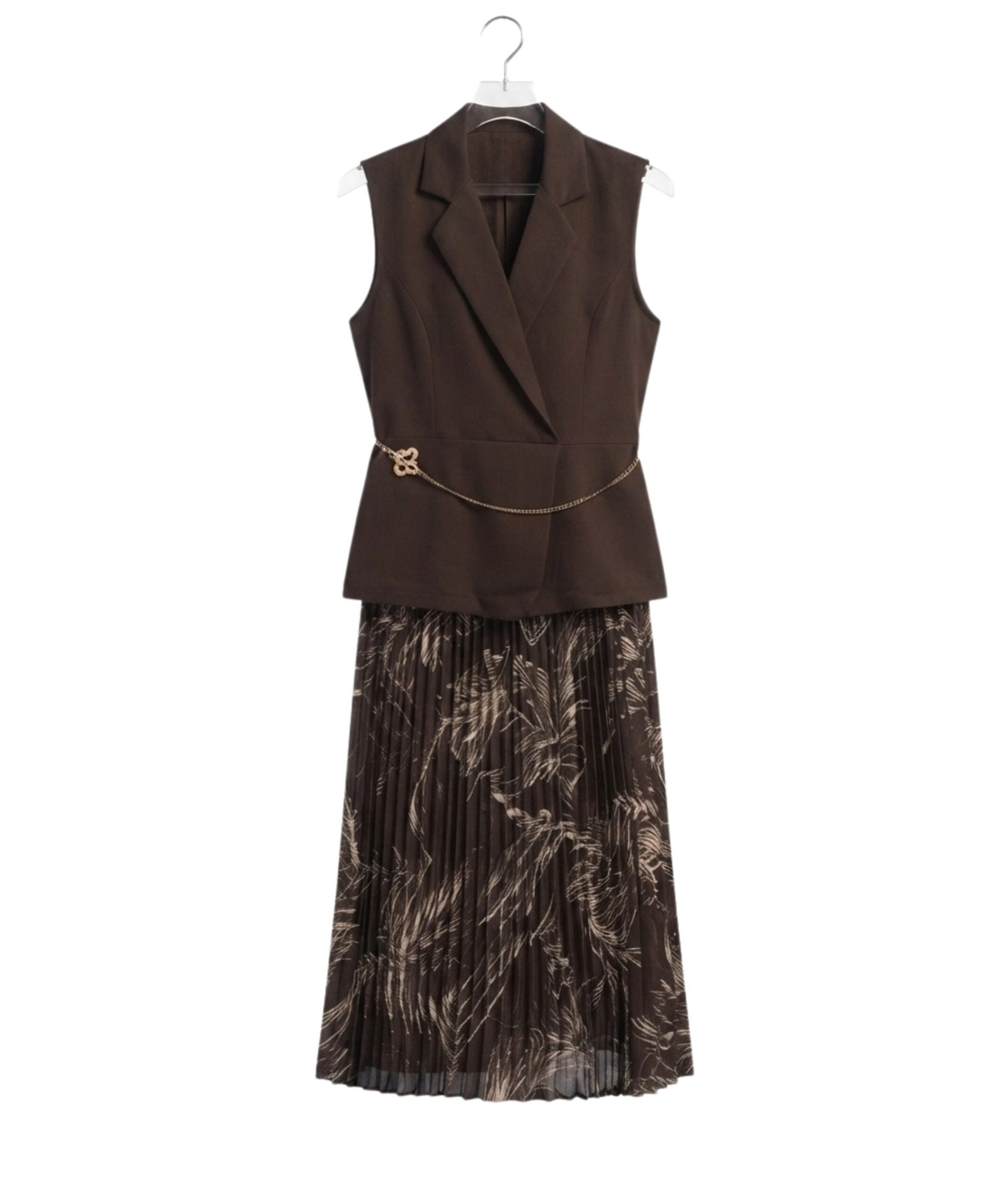 Women's Brown Sleeveless Lapel Collar Printed Pleated dress - Image 2