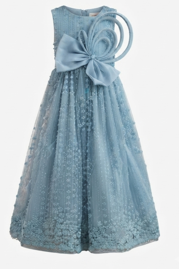Girls Sky Blue Floral Pattern Party Wear Sleeveless Round Neck Maxi Dress