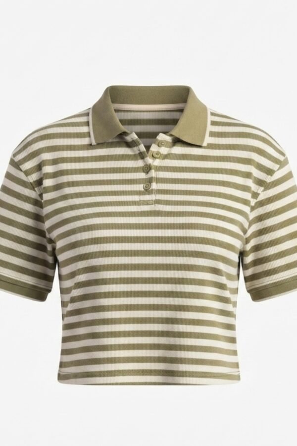Women's Olive Green & White Striped Cropped  T-Shirt