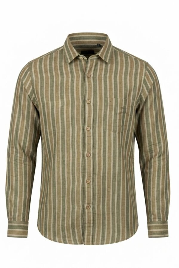 Men's Olive Green & Beige Vertical Striped Casual Shirt