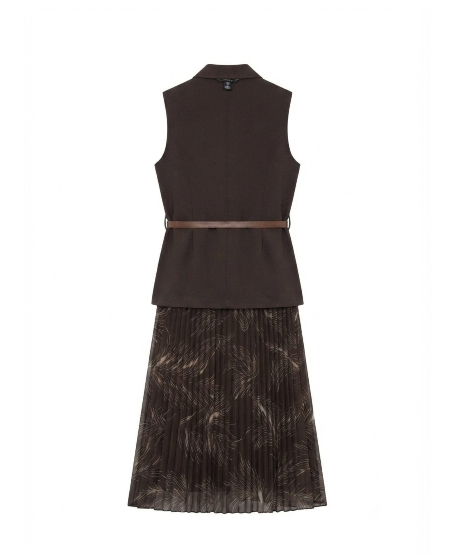Women's Brown Sleeveless Lapel Collar Printed Pleated dress - Image 4