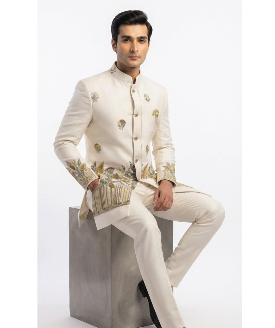 Cream Embroidered Indo-Western Set - Image 3