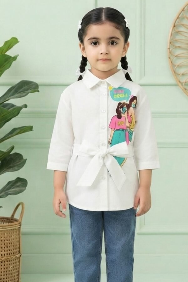 Girls White Graphic Print Tie-Front Shirt