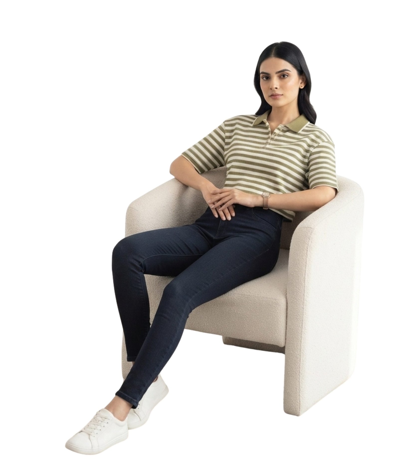 Women's Olive Green & White Striped Cropped T-Shirt - Image 5