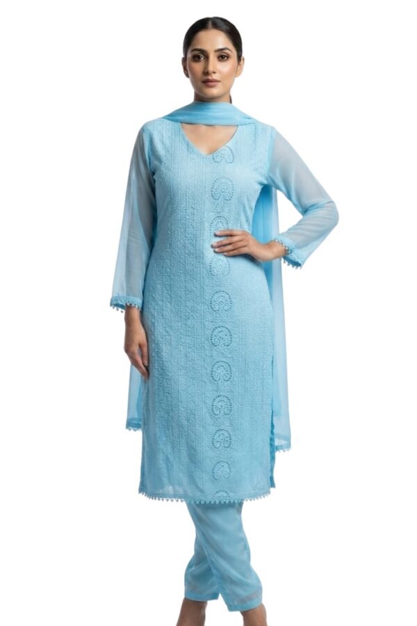 Women's Sky Blue Embroidered Straight Kurta Set
