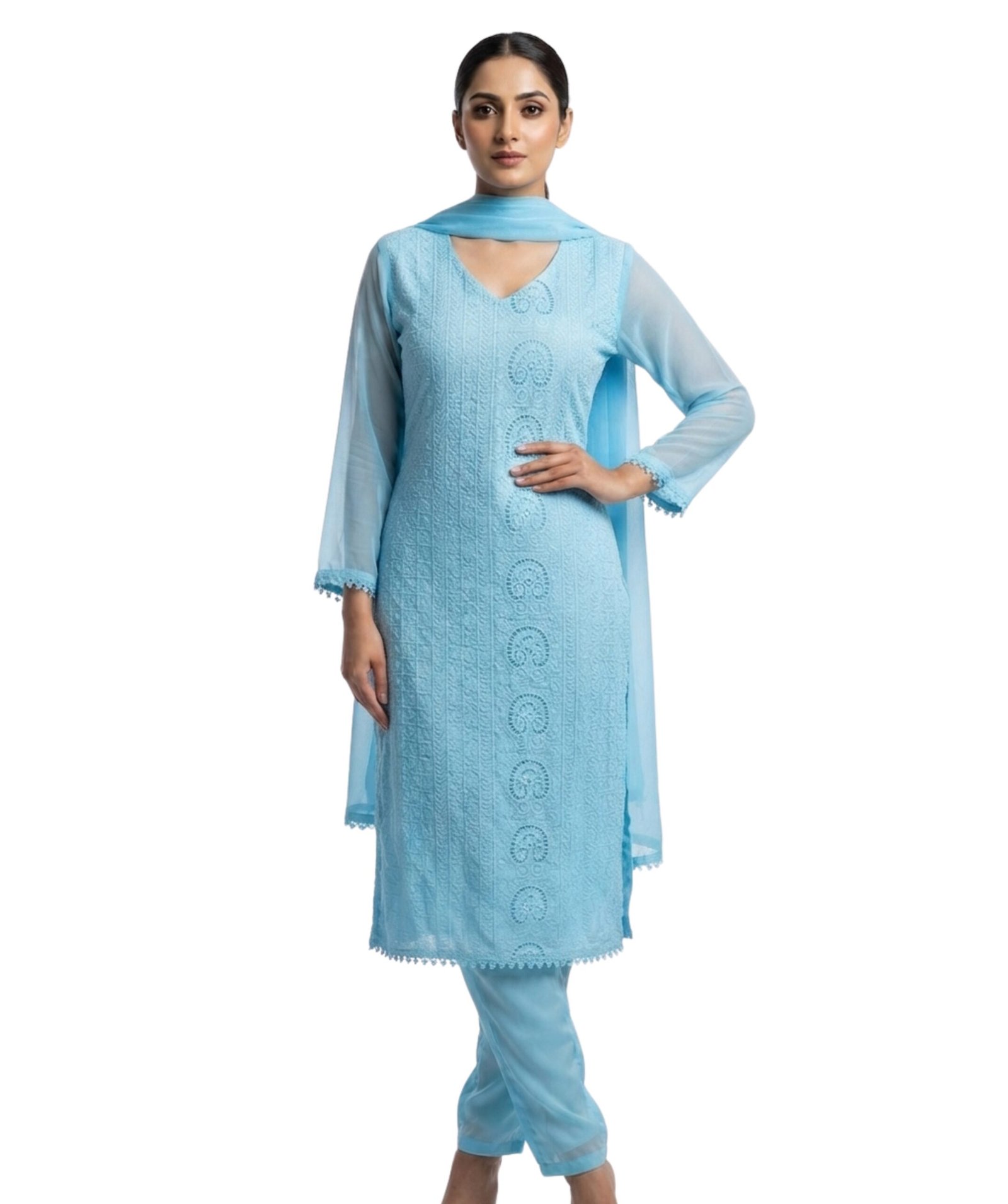 Women's Sky Blue Embroidered Straight Kurta Set