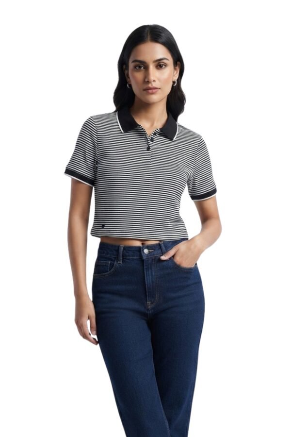 Women's Black & White Striped Cropped T-Shirt