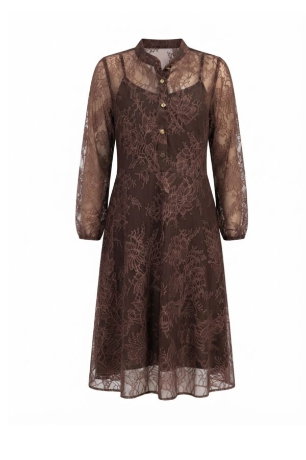 Women's Brown Floral Pattern Sheer Long Sleeve Midi Dress