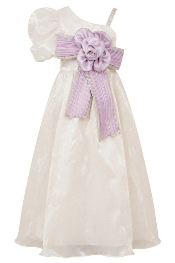 Girls Off White Party Wear One-Shoulder Maxi Dress with Puff Sleeve and Lavender Bow Detai