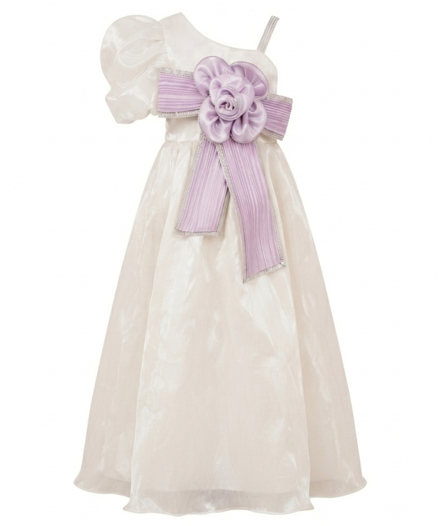 Girls Off White Party Wear One-Shoulder Maxi Dress with Puff Sleeve and Lavender Bow Detai - Image 2
