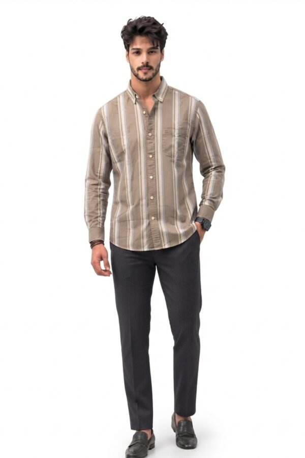 Men's Taupe & White Vertical Striped Casual Shirt