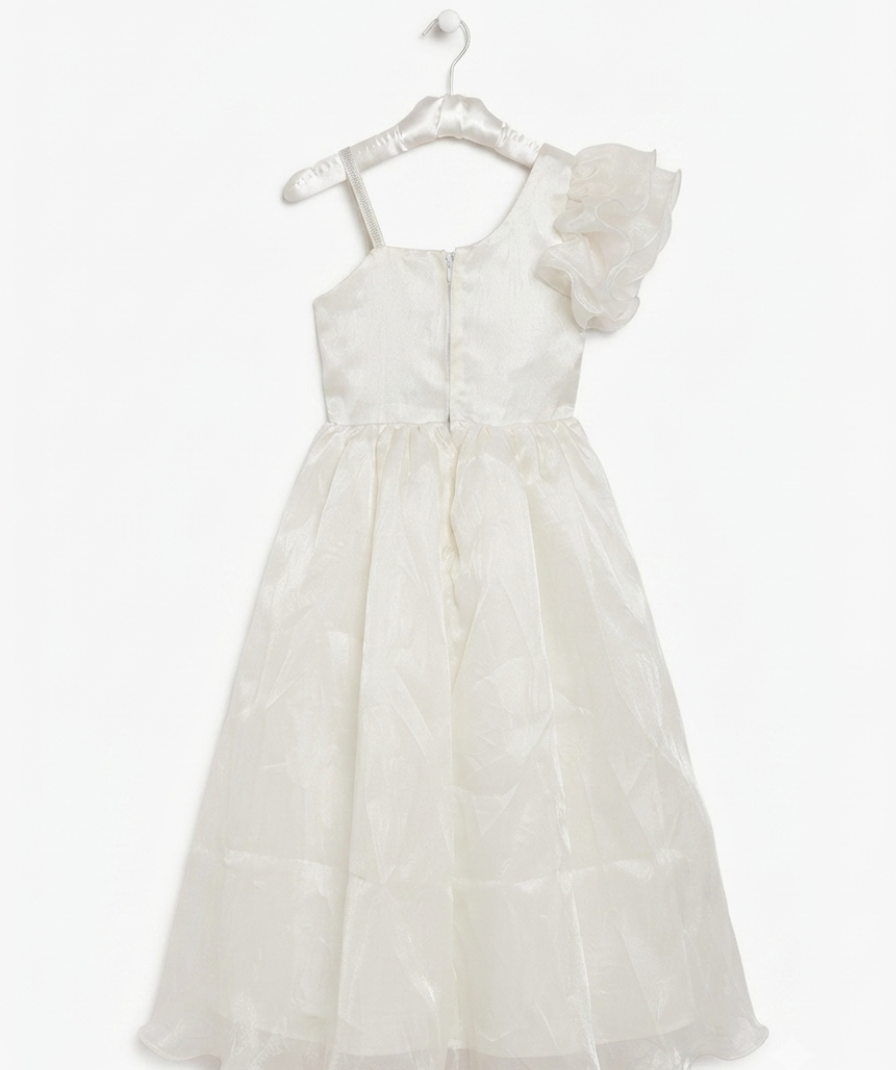Girls Off White Party Wear One-Shoulder Maxi Dress with Puff Sleeve and Lavender Bow Detai - Image 3