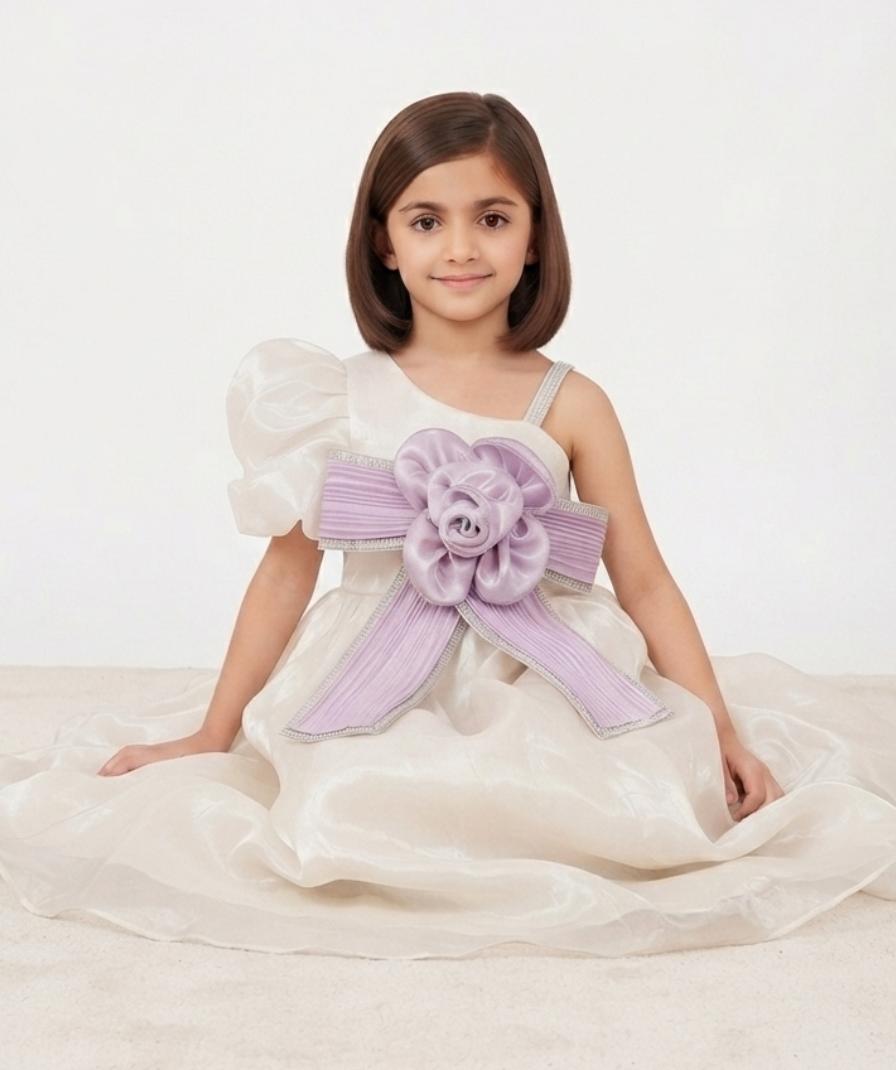 Girls Off White Party Wear One-Shoulder Maxi Dress with Puff Sleeve and Lavender Bow Detai - Image 4