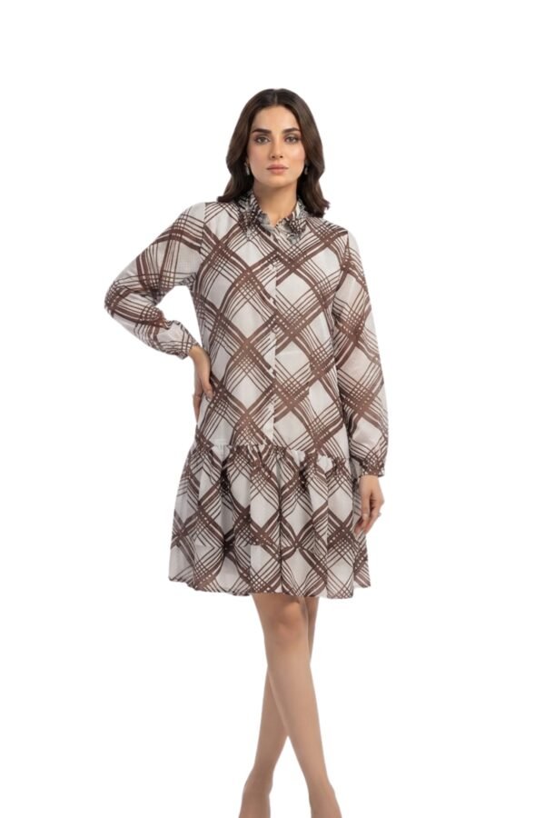 Women's White & Brown Checkered Shirt Collar Drop Waist Mini Dress