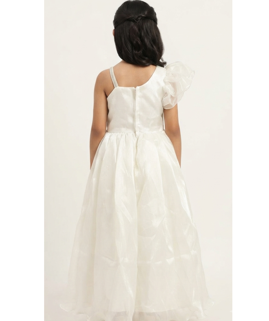 Girls Off White Party Wear One-Shoulder Maxi Dress with Puff Sleeve and Lavender Bow Detai - Image 5