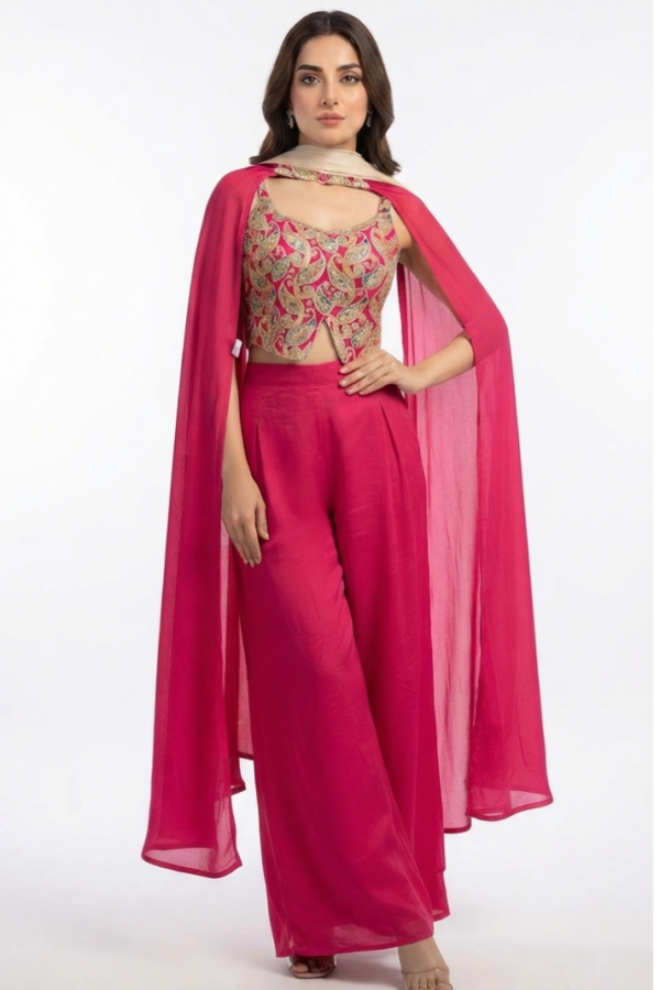 Embroidered Cape Top Palazzo Set