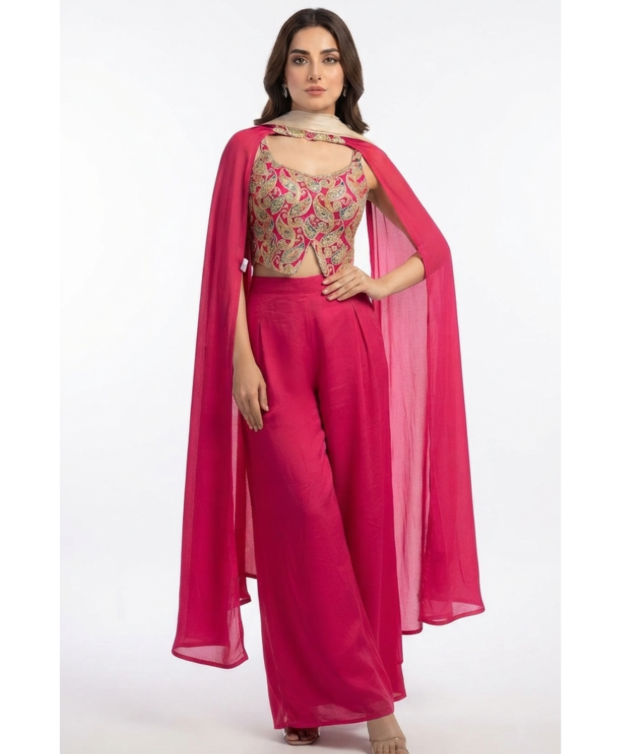 Embroidered Cape Top Palazzo Set